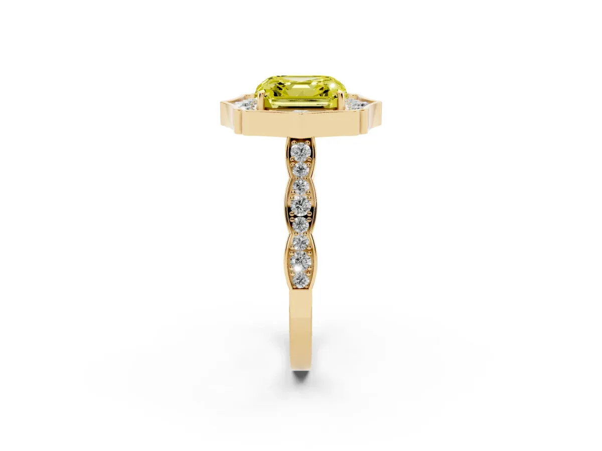 Fancy Yellow Asscher Cut Halo Diamond Engagement Ring with Milgrain Band and Four-Prong Setting Yellow gold