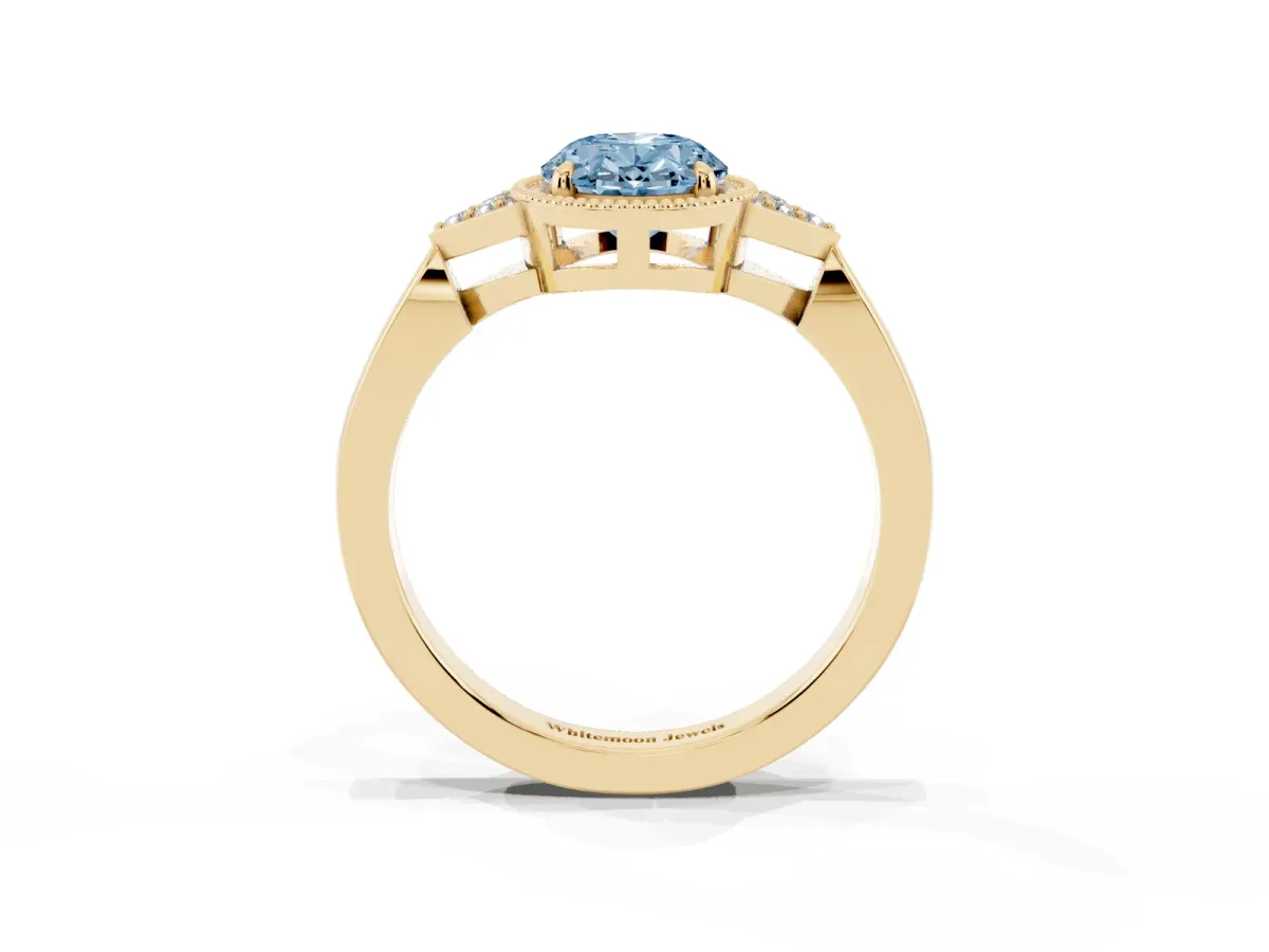 Fancy Blue Oval Cut Diamond Halo Ring with Tapered Band and Four-Prong Setting Yellow gold