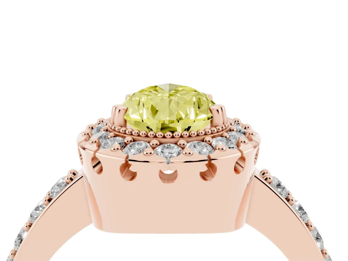 Fancy Yellow Pear Cut Diamond Halo Ring with Pavé Band and Prong Setting Rose gold