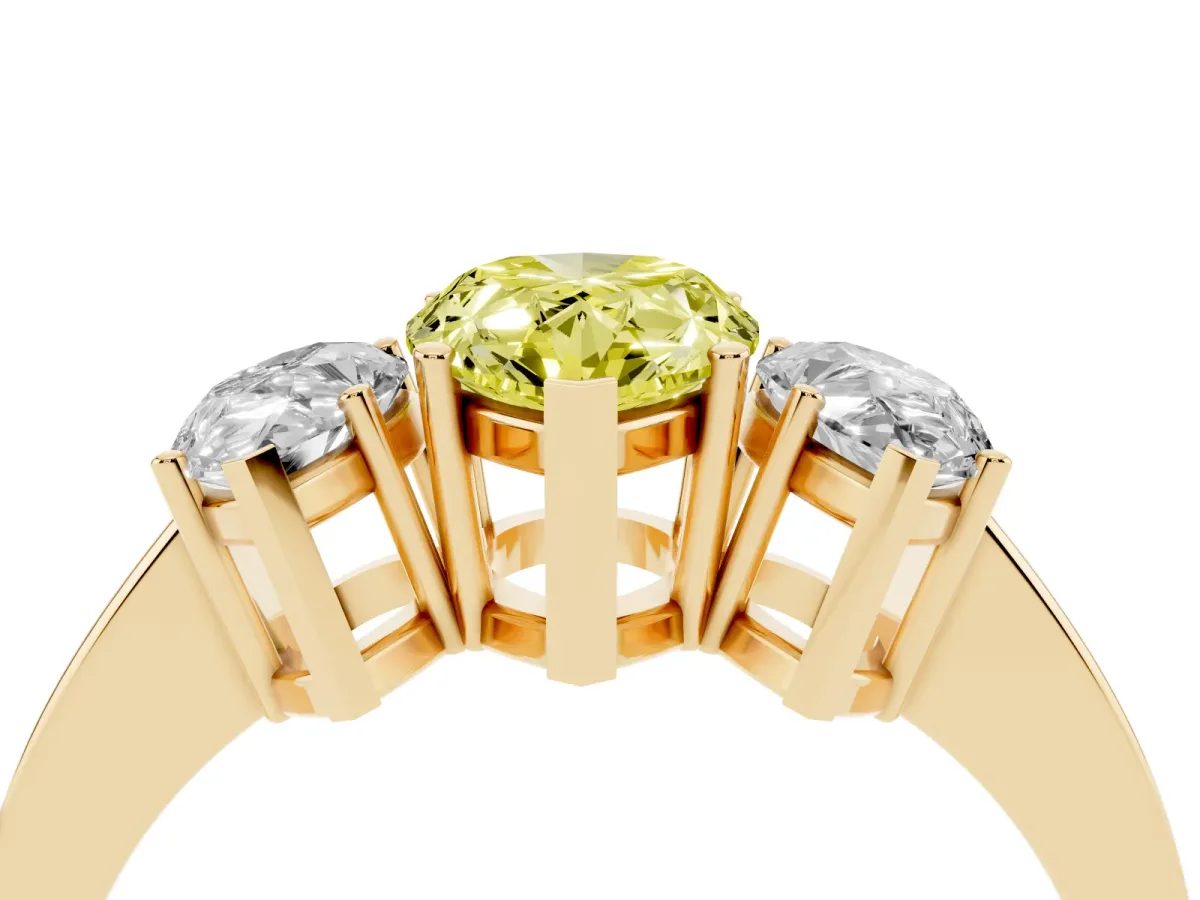 Fancy Yellow Three-Stone Pear Cut Cut Diamond Engagement Ring with Flat Band and Four-Prong Setting Yellow gold