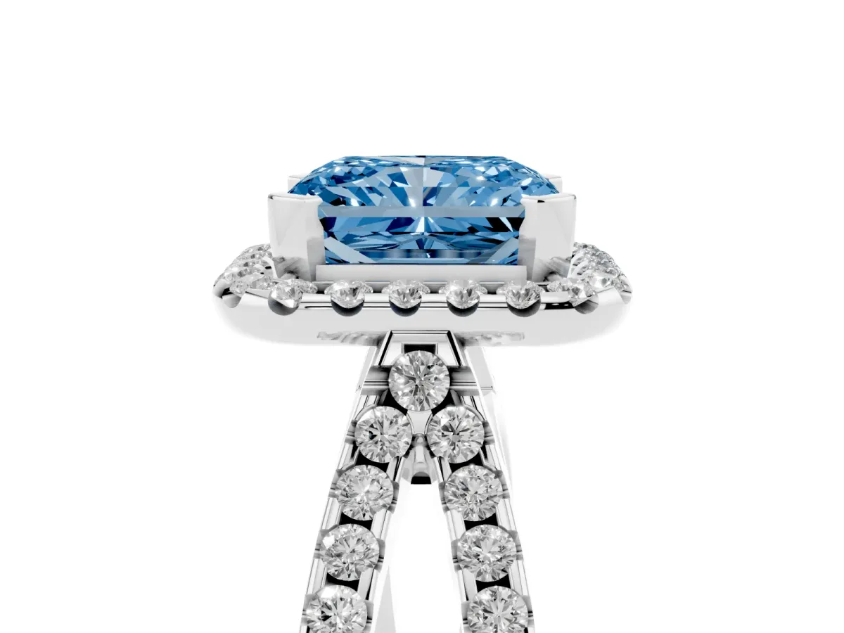 Fancy Blue Radiant Cut Diamond Halo Ring with Split Shank Pavé Band and Prong Setting Platinum