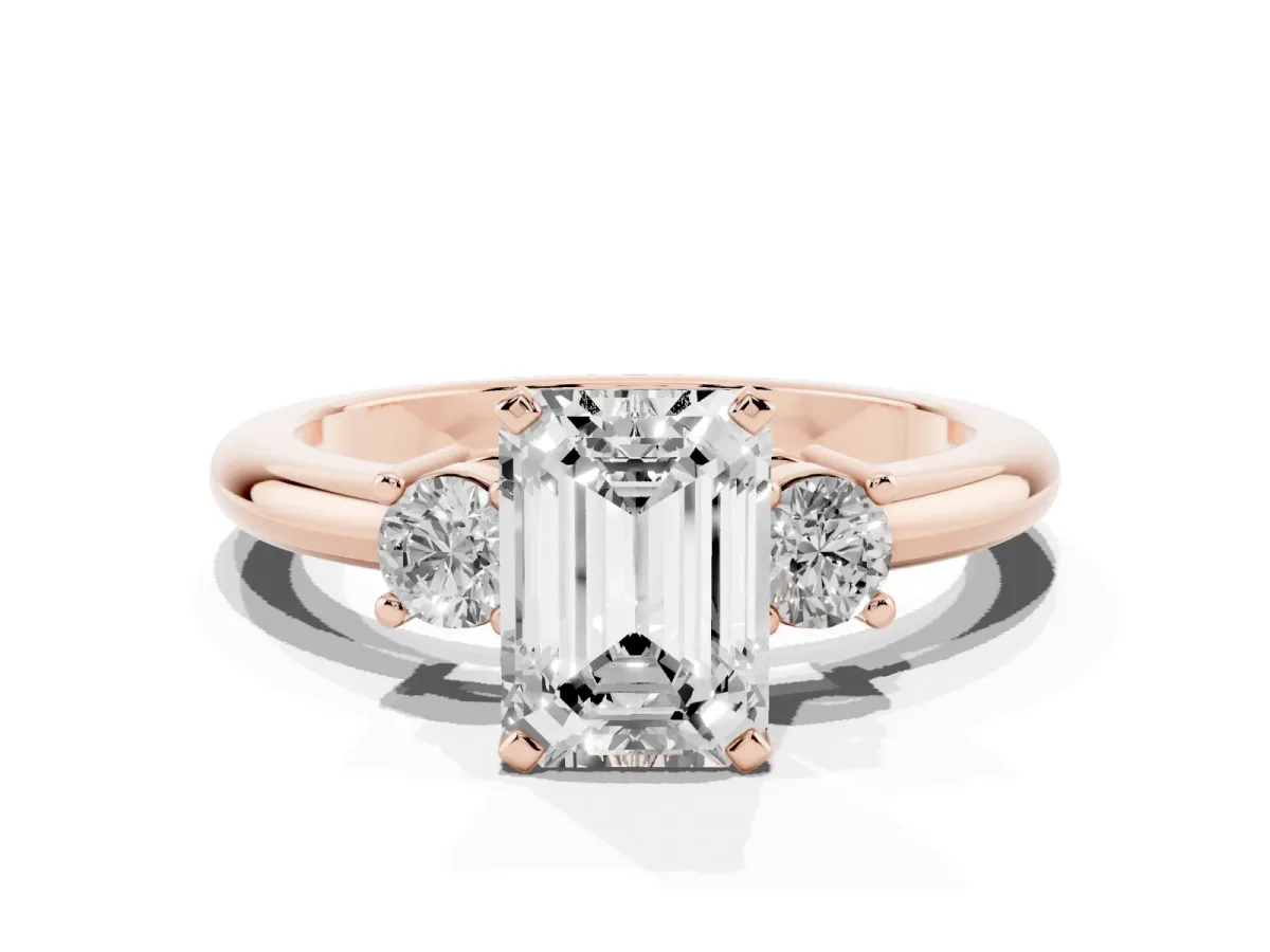 Three-Stone Emerald Cut Cut Diamond Solitaire with Prong Setting and Classic Band Rose gold