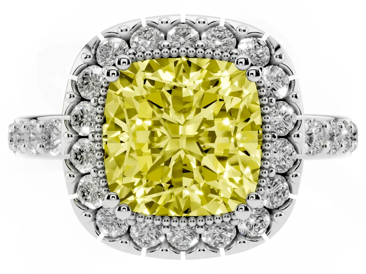 Fancy Yellow Cushion Cut Diamond Halo Ring with Pavé Band and Prong Setting Silver