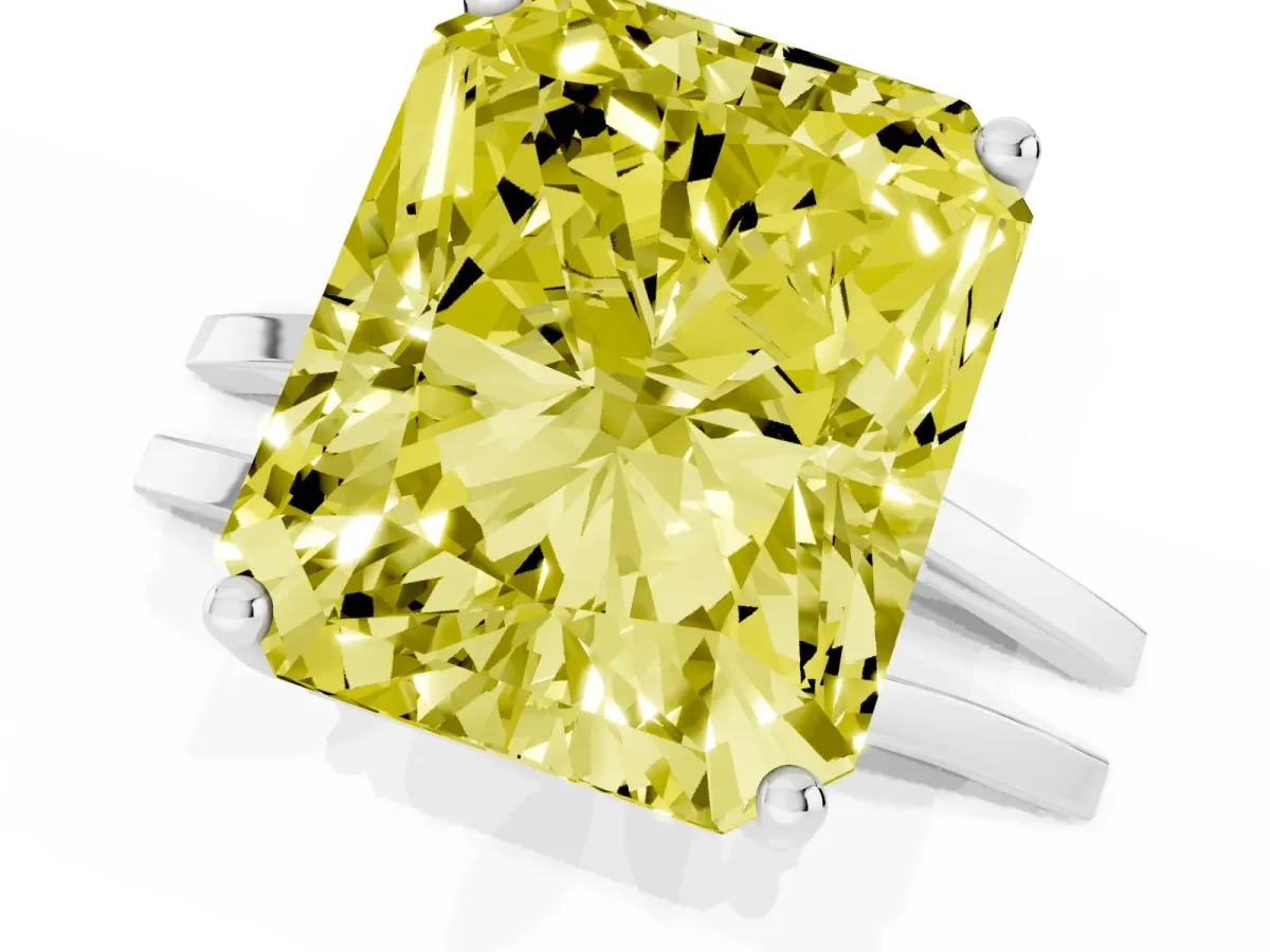 Fancy Yellow Radiant Cut Cut Diamond Solitaire Engagement Ring with Tapered Plain Band and Four-Prong Setting Silver