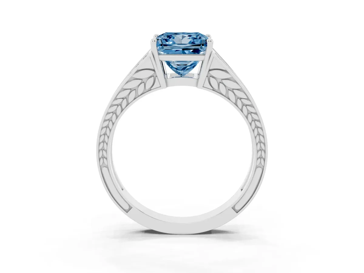 Fancy Blue Princess Cut Diamond Split Shank Ring with Pavé Band and Four-Prong Setting Platinum