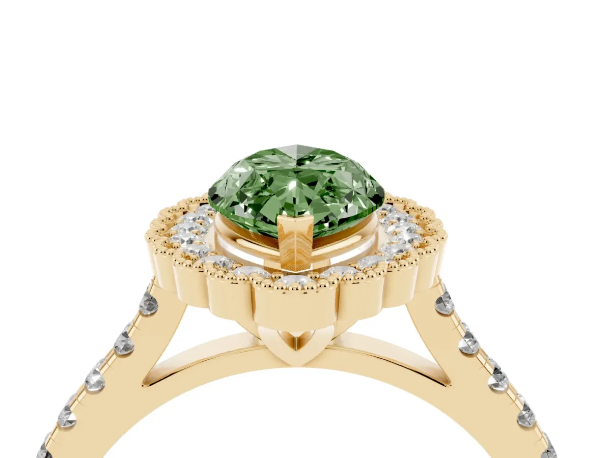 Fancy Green Marquise Cut Cut Diamond Milgrain Floral Halo Engagement Ring with Pavé Band Yellow gold