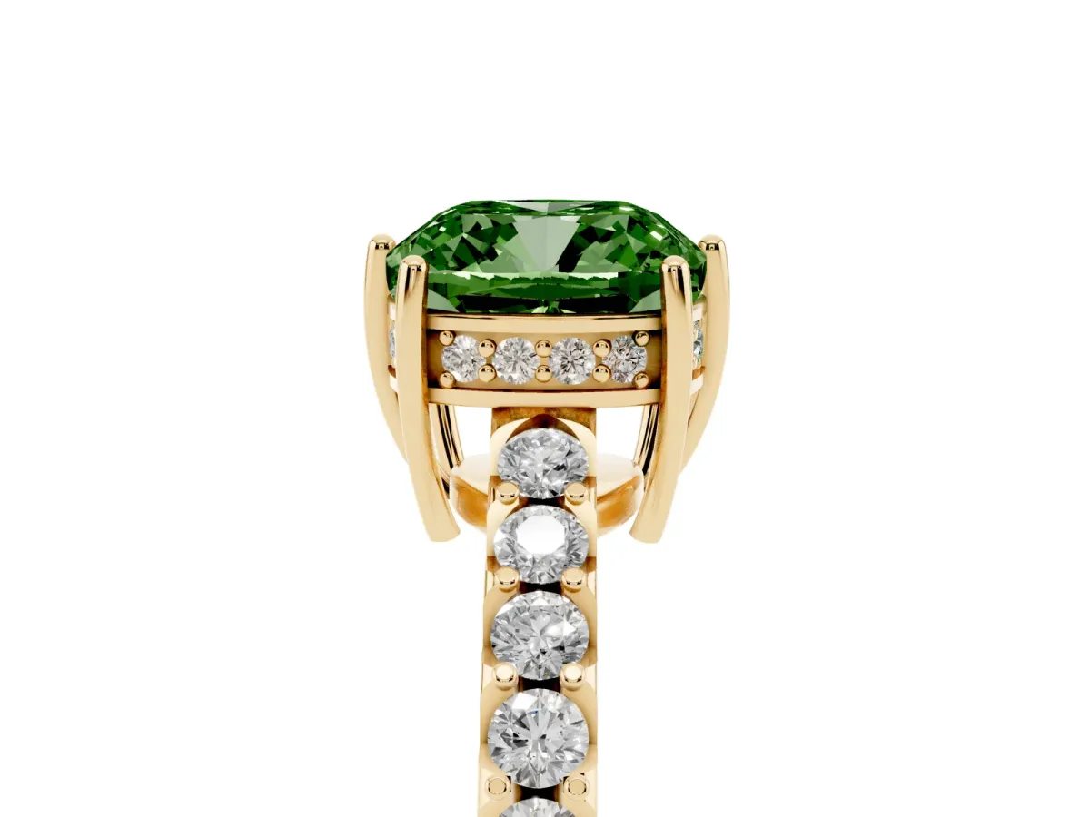 Fancy Green Cushion Cut Solitaire Diamond Engagement Ring with Pavé Band and Six-Prong Setting Yellow gold