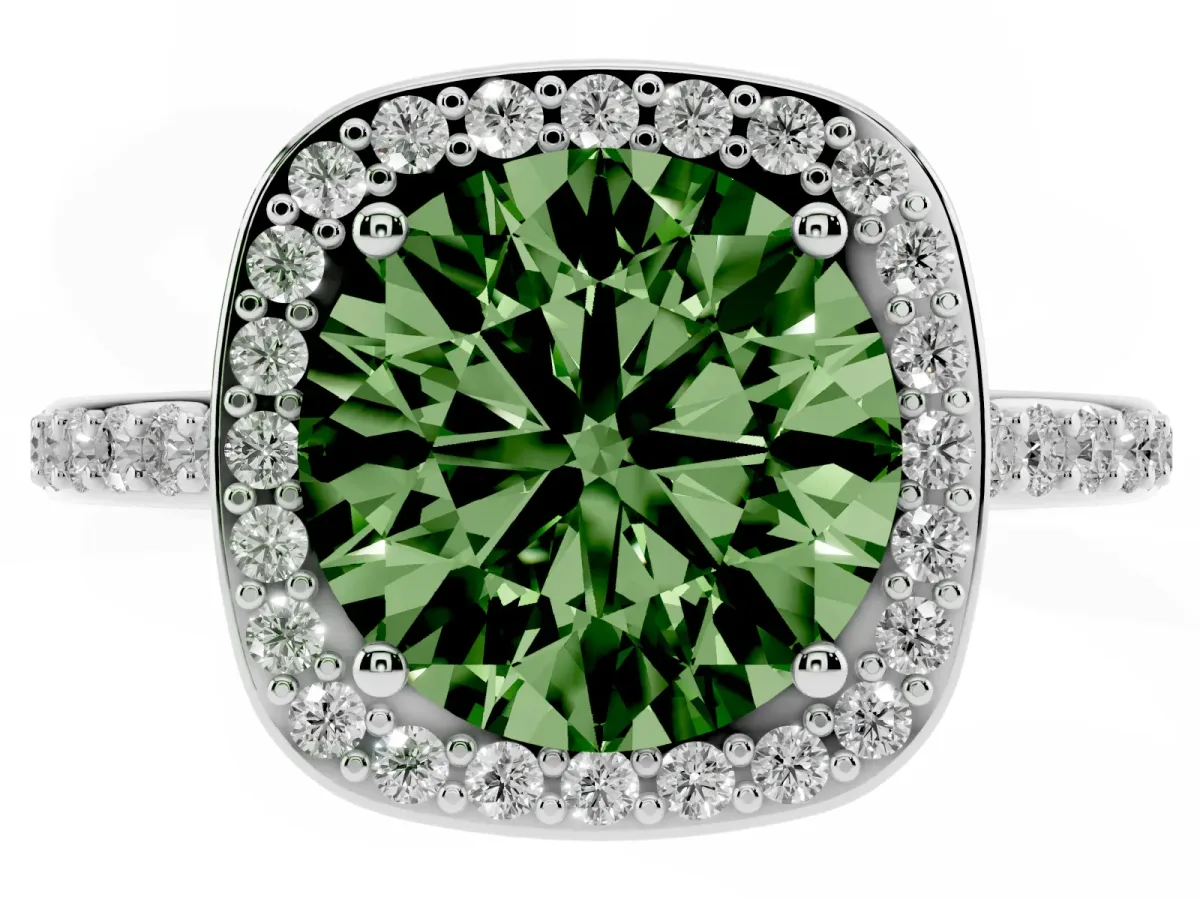 Fancy Green Round Cut Diamond Halo Engagement Ring with Round Pavé Shoulders and Prong Setting Silver