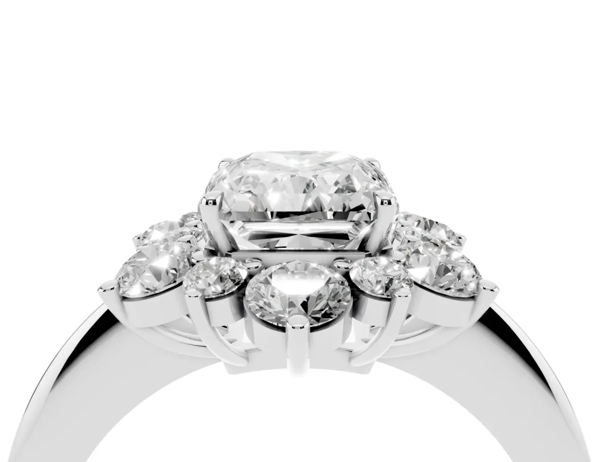 Radiant Cut Diamond Cluster Halo Ring with Solitaire Band and Four-Prong Setting Silver
