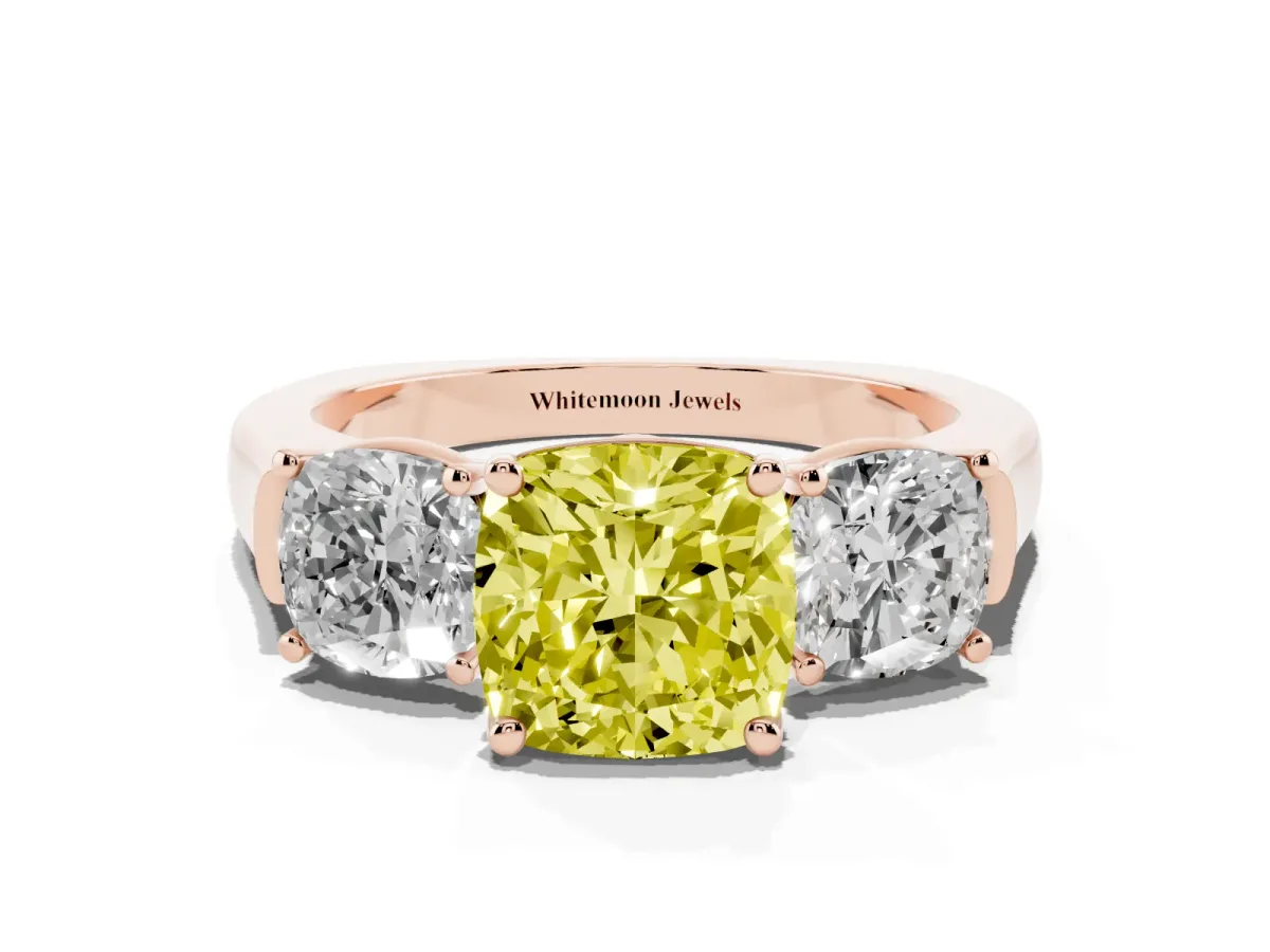 Fancy Yellow Three-Stone Cushion Cut Brilliant Diamond Trellis Ring with Comfort Fit Band Rose gold