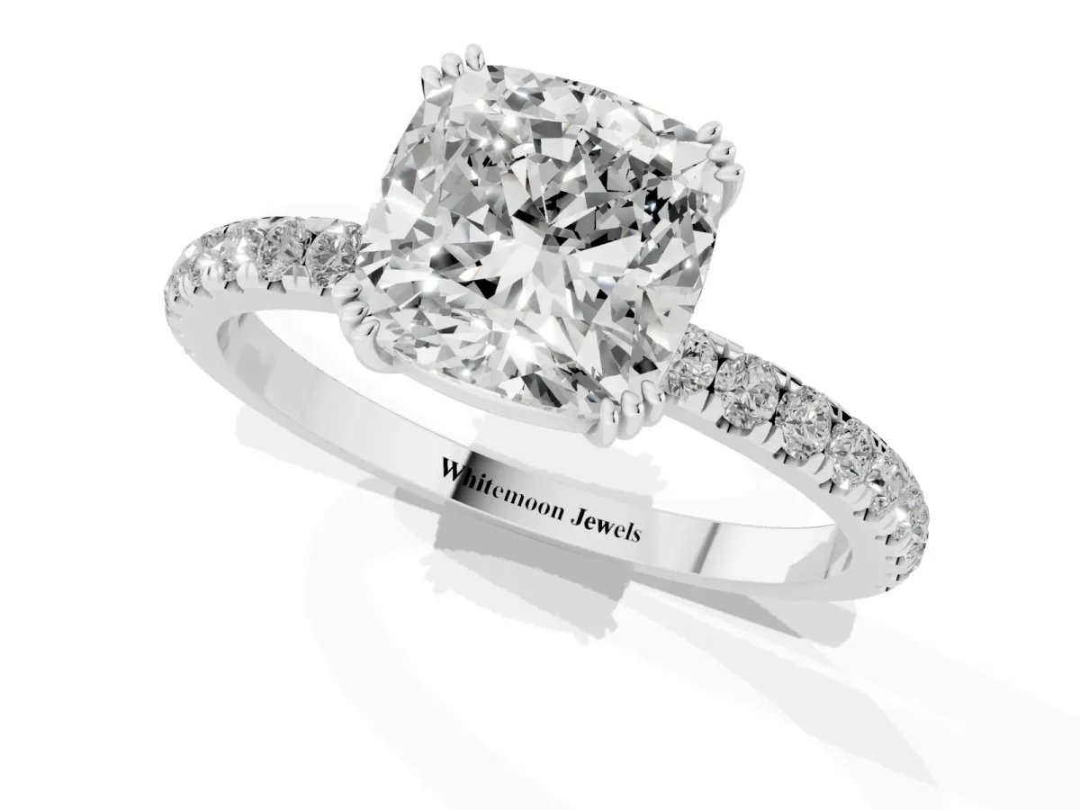 Cushion Cut Brilliant Solitaire with Pavé Band and Claw Prong Setting White gold
