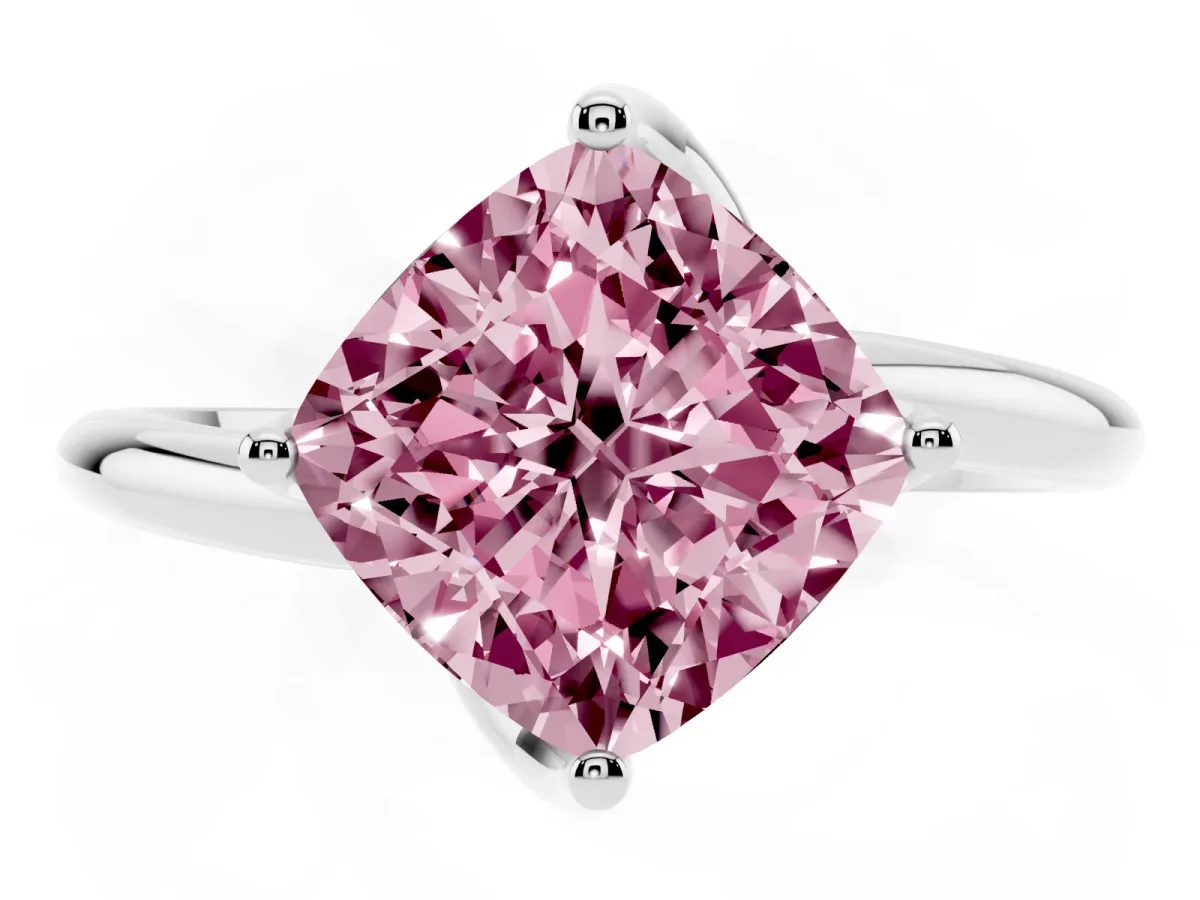 Fancy Pink Cushion Cut Diamond Solitaire Engagement Ring with Four-Prong Setting and Classic Band Platinum