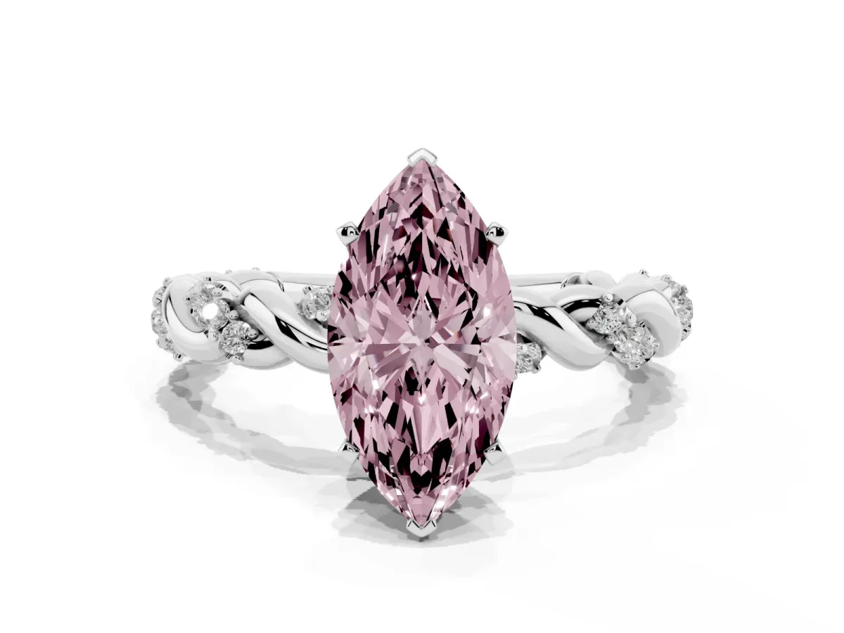 Fancy Pink Marquise Cut Diamond Solitaire Ring with Twisted Band and Pavé Accents Silver