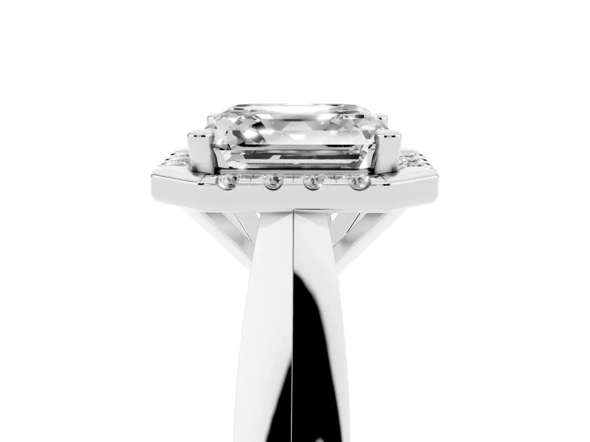Asscher Cut Cut Halo Solitaire Engagement Ring with Square Band and Four-Prong Setting White gold