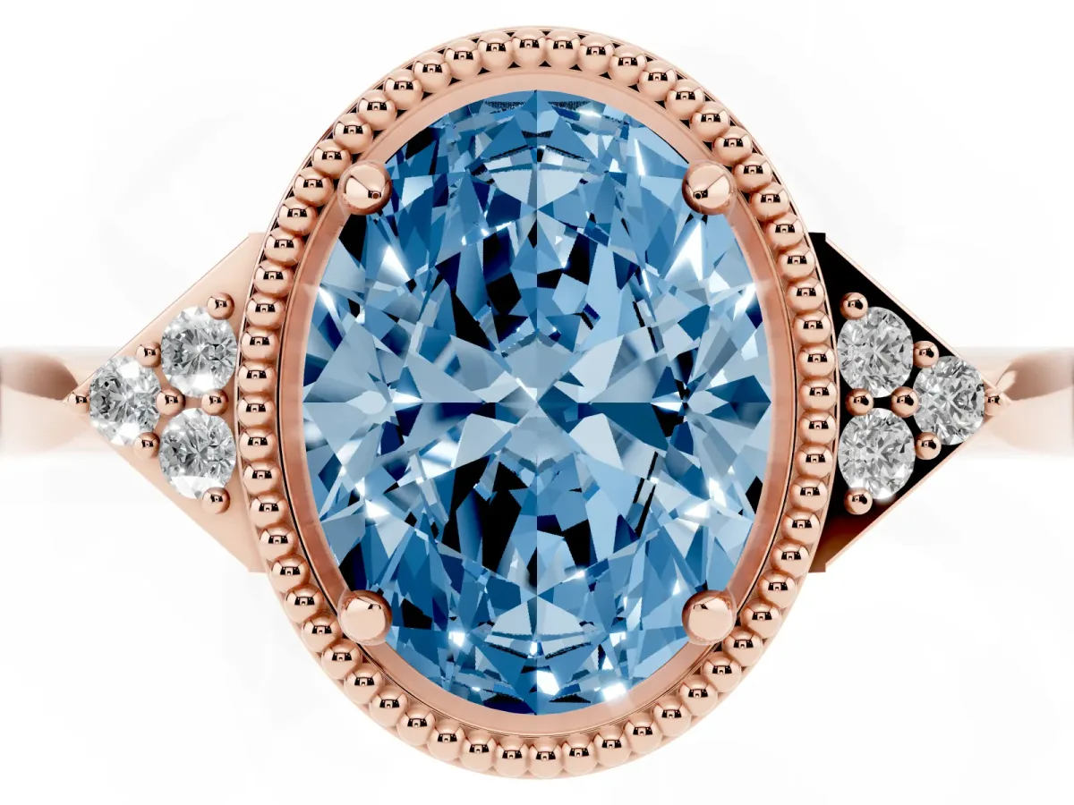 Fancy Blue Oval Cut Diamond Halo Ring with Tapered Band and Four-Prong Setting Rose gold