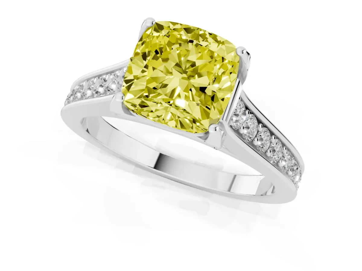 Fancy Yellow Cushion Cut Brilliant Cut Diamond Engagement Ring with Pavé Band and Four-Prong Setting Silver