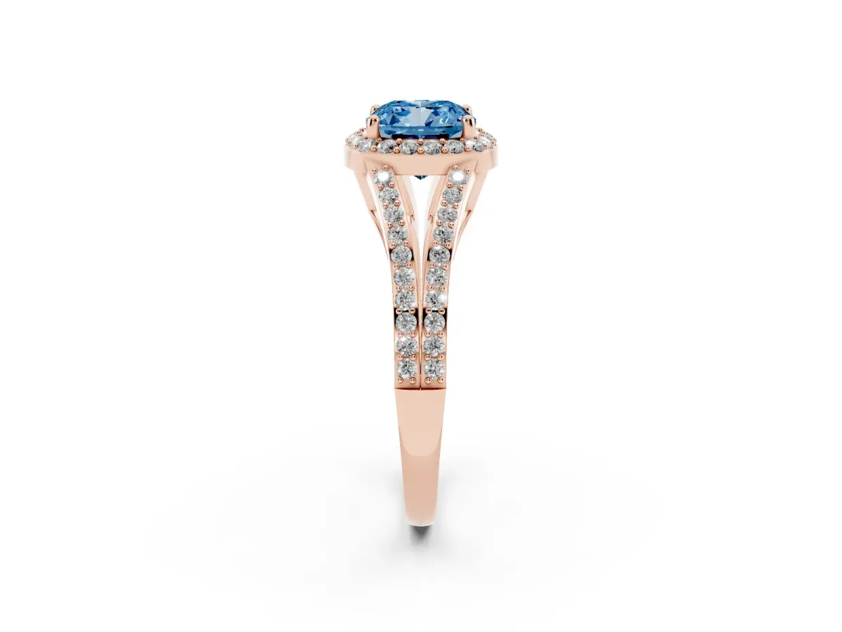 Fancy Blue Cushion Cut Halo Split Shank Pave Diamond Ring with Four-Prong Setting Rose gold