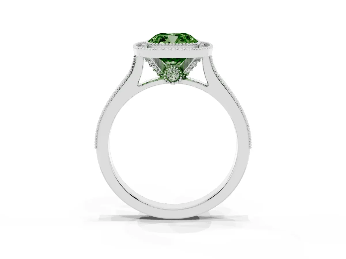 Fancy Green Halo Cushion Cut-Cut Diamond Pave Band Milgrain Prong Setting Ring Silver