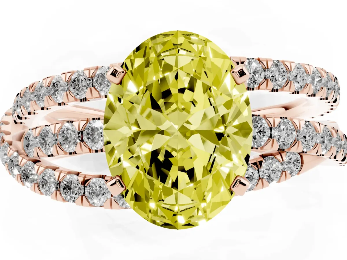 Fancy Yellow Oval Cut Solitaire Twist Band with Pavé Setting and Four-Prong Setting Rose gold