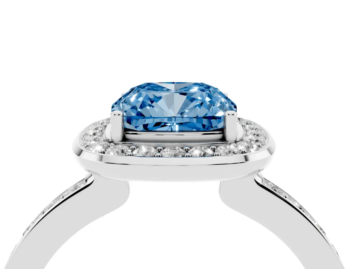 Fancy Blue Cushion Cut Diamond Halo Ring with Bezel Frame and Pavé Band Silver
