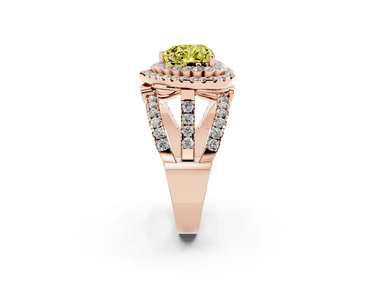Fancy Yellow Heart Cut Diamond Double Halo Ring with Round Pavé Split Shank and Prong Setting Rose gold