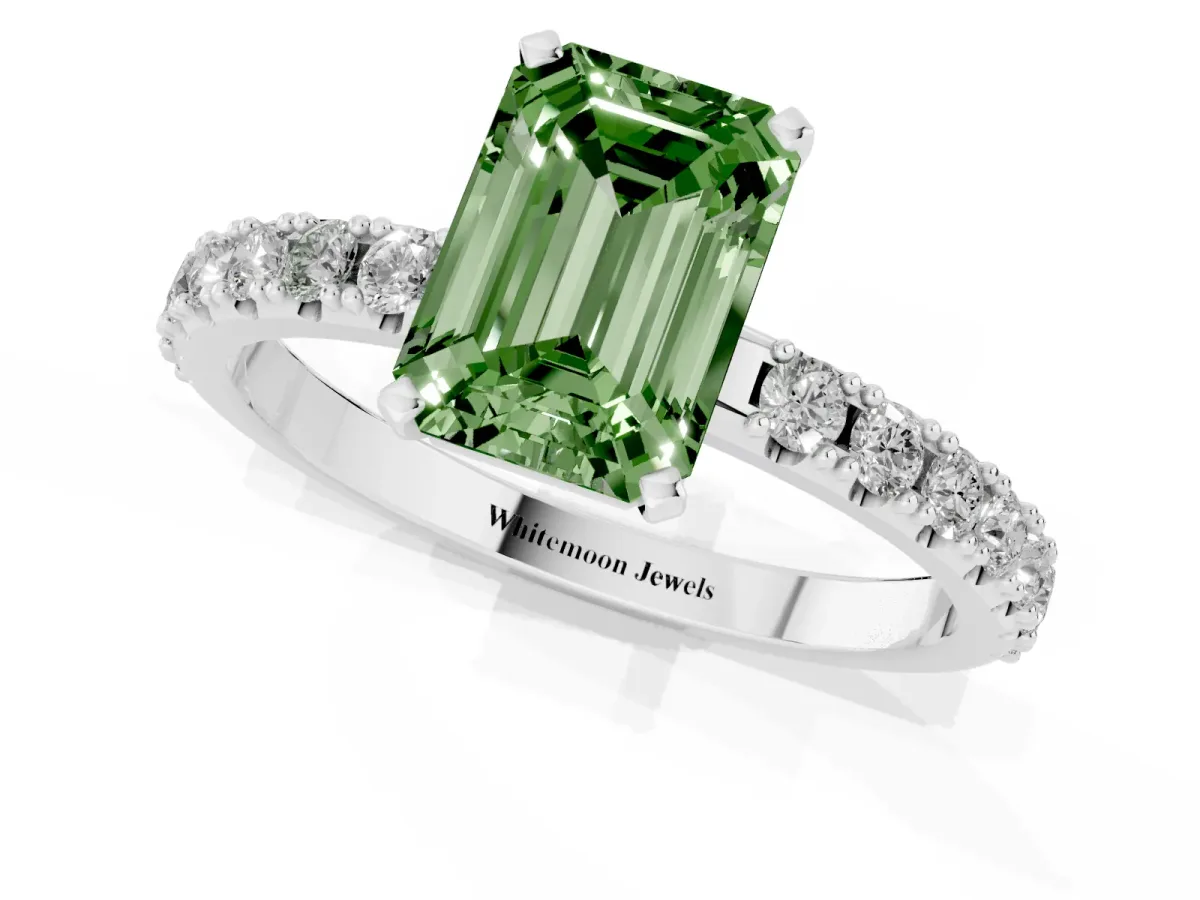 Fancy Green Emerald Cut Diamond Solitaire Pavé Band with Four-Prong Setting Platinum