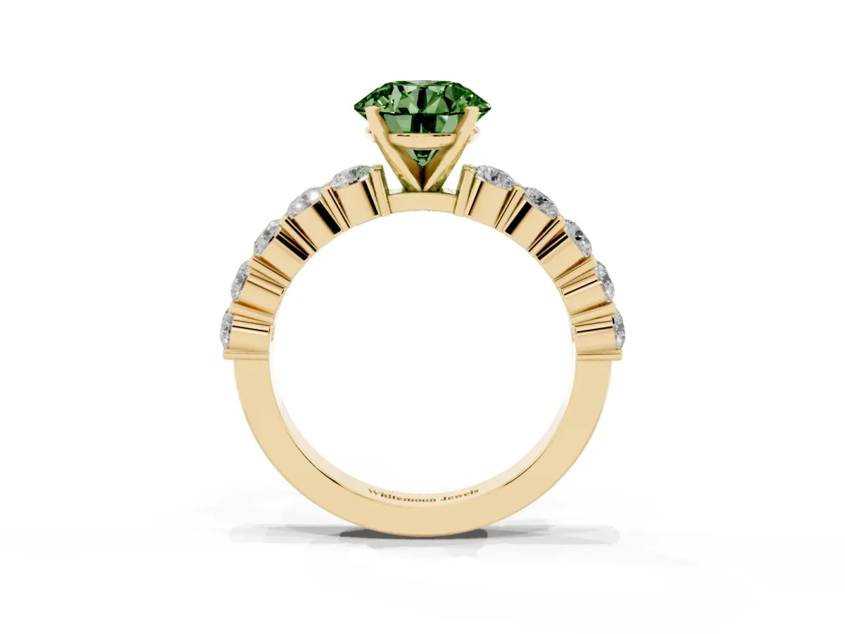 Fancy Green Round Cut Diamond Solitaire Ring with Shared Prong Round Side Stones Yellow gold