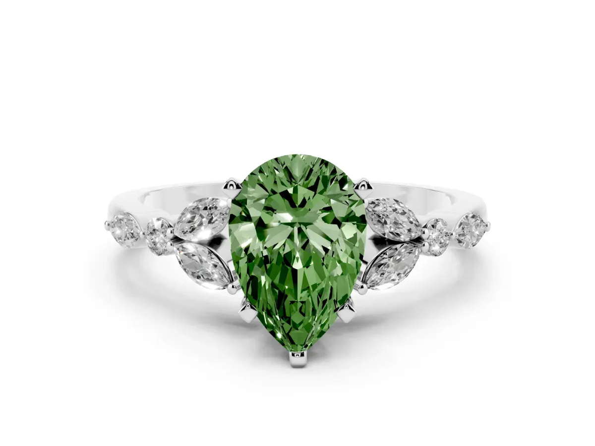 Fancy Green Pear Cut Diamond Solitaire Ring with Side Stones and Four-Prong Setting Silver