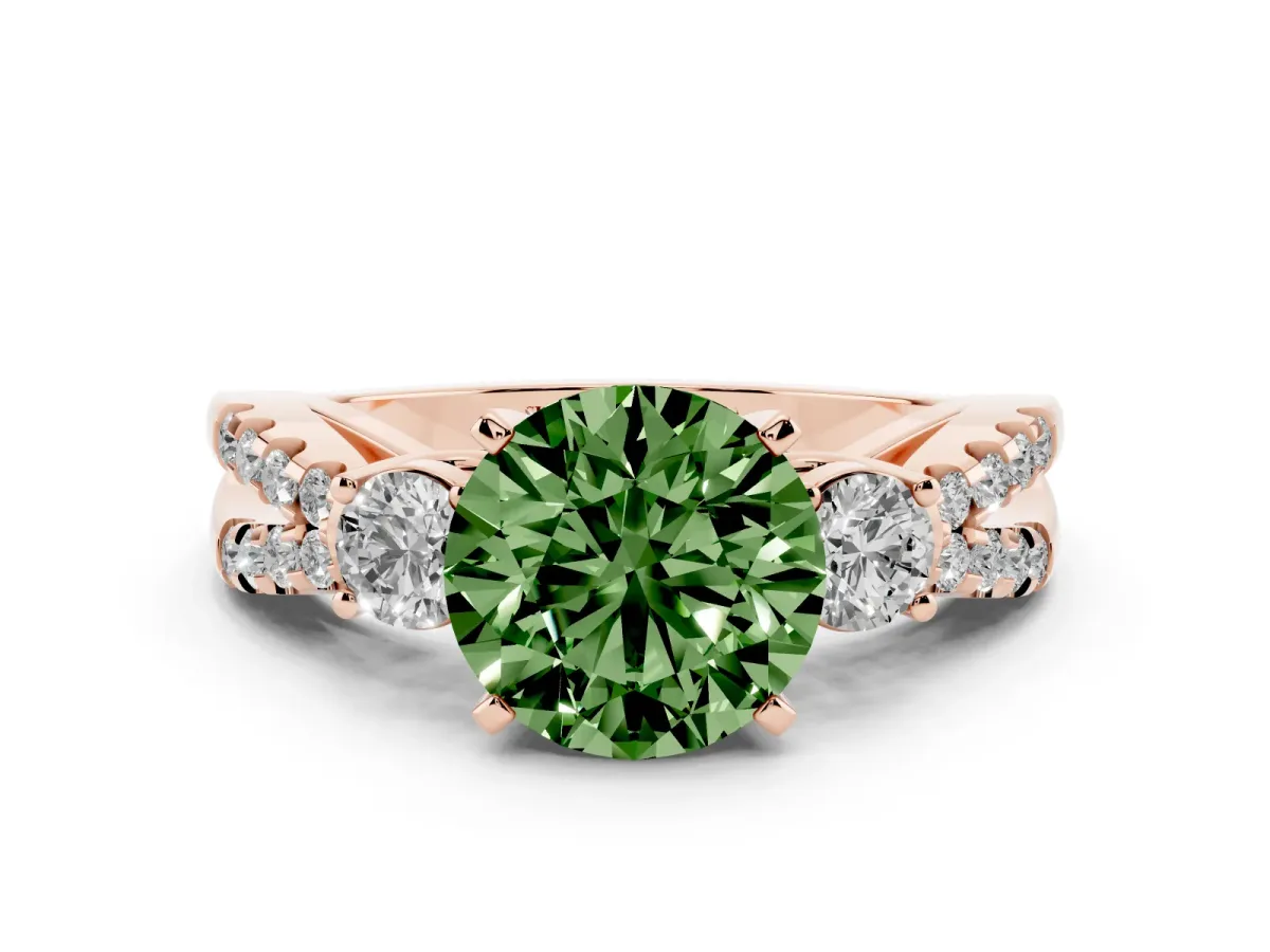 Fancy Green Round Cut Diamond Three-Stone Ring with Pavé Split Shank and Four-Prong Setting Rose gold