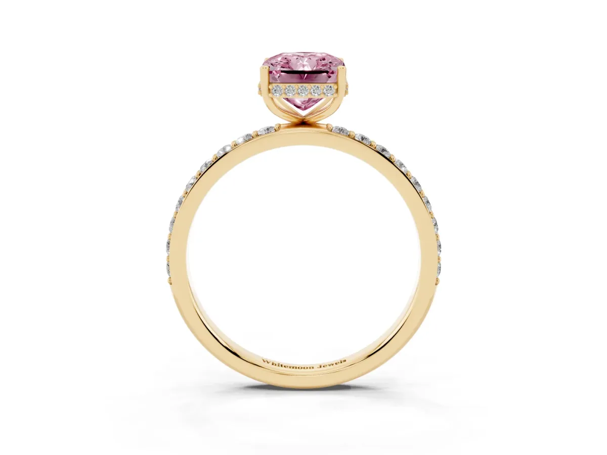 Fancy Pink Radiant Cut Diamond Solitaire Ring with Pavé Band and Hidden Halo Yellow gold