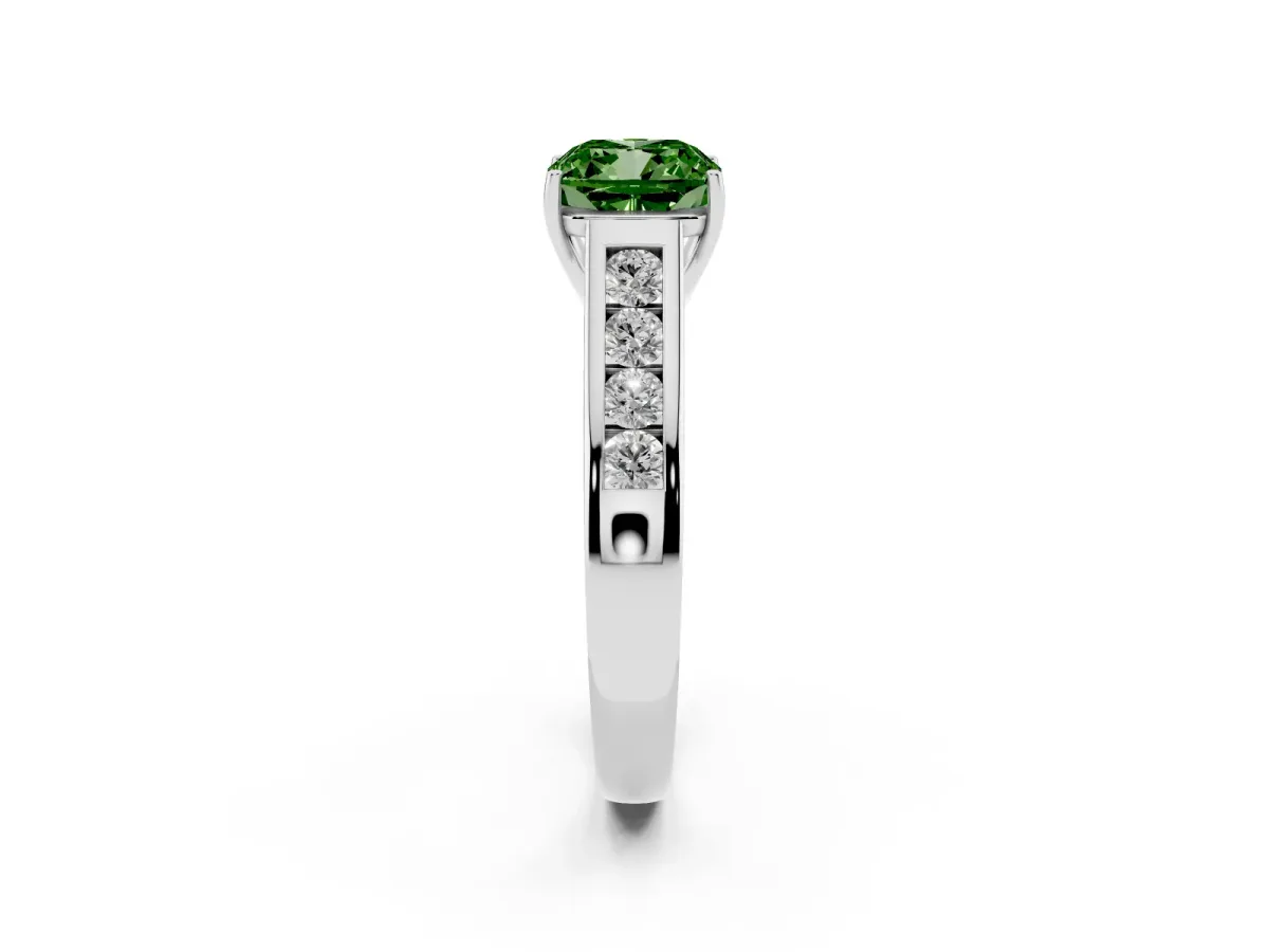 Fancy Green Cushion Cut Solitaire Channel-Set Diamond Engagement Ring with Four-Prong Setting Silver