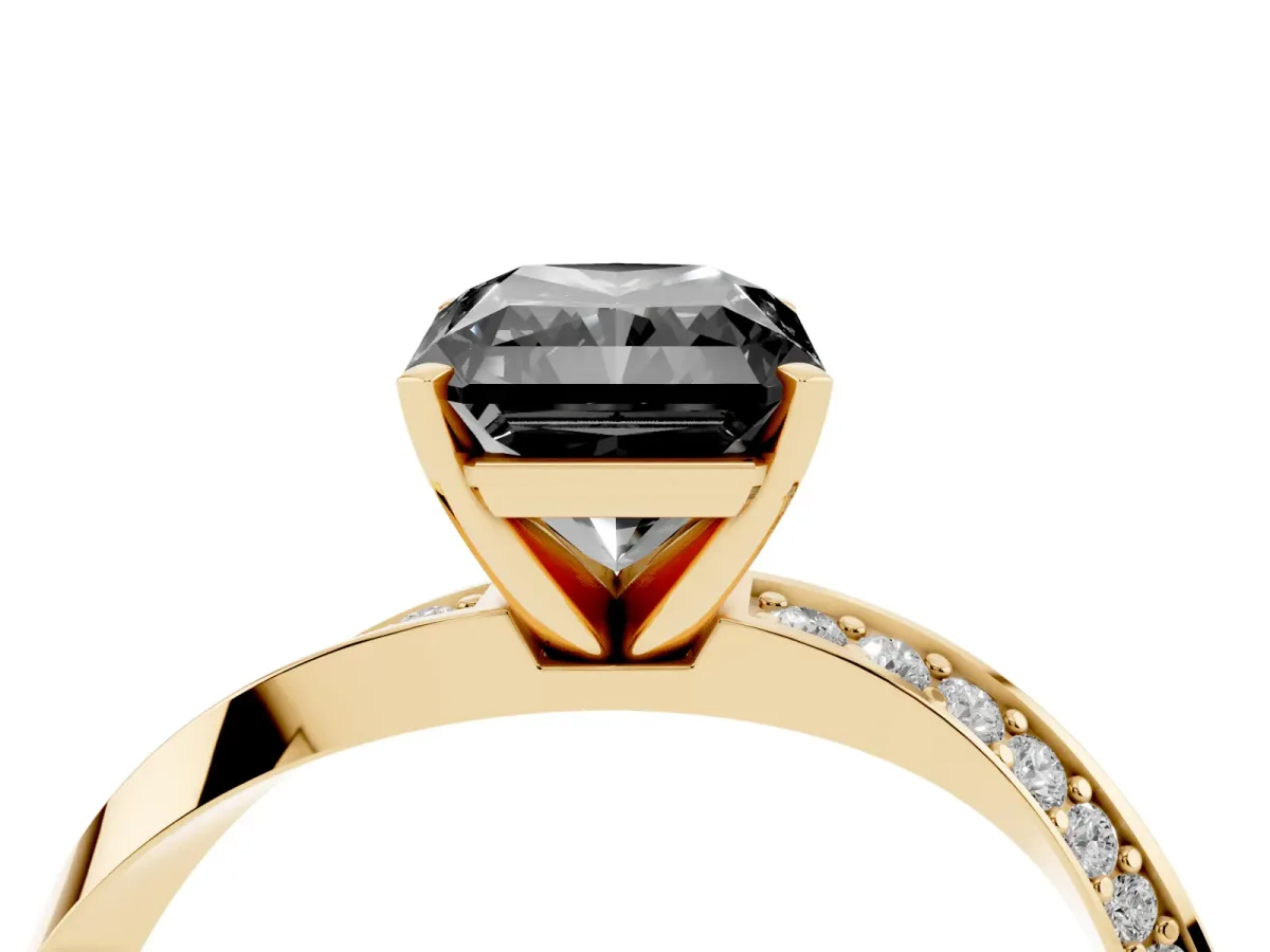 Fancy Black Radiant Cut Diamond Engagement Ring with Side Stone Accents and Four-Prong Setting Yellow gold