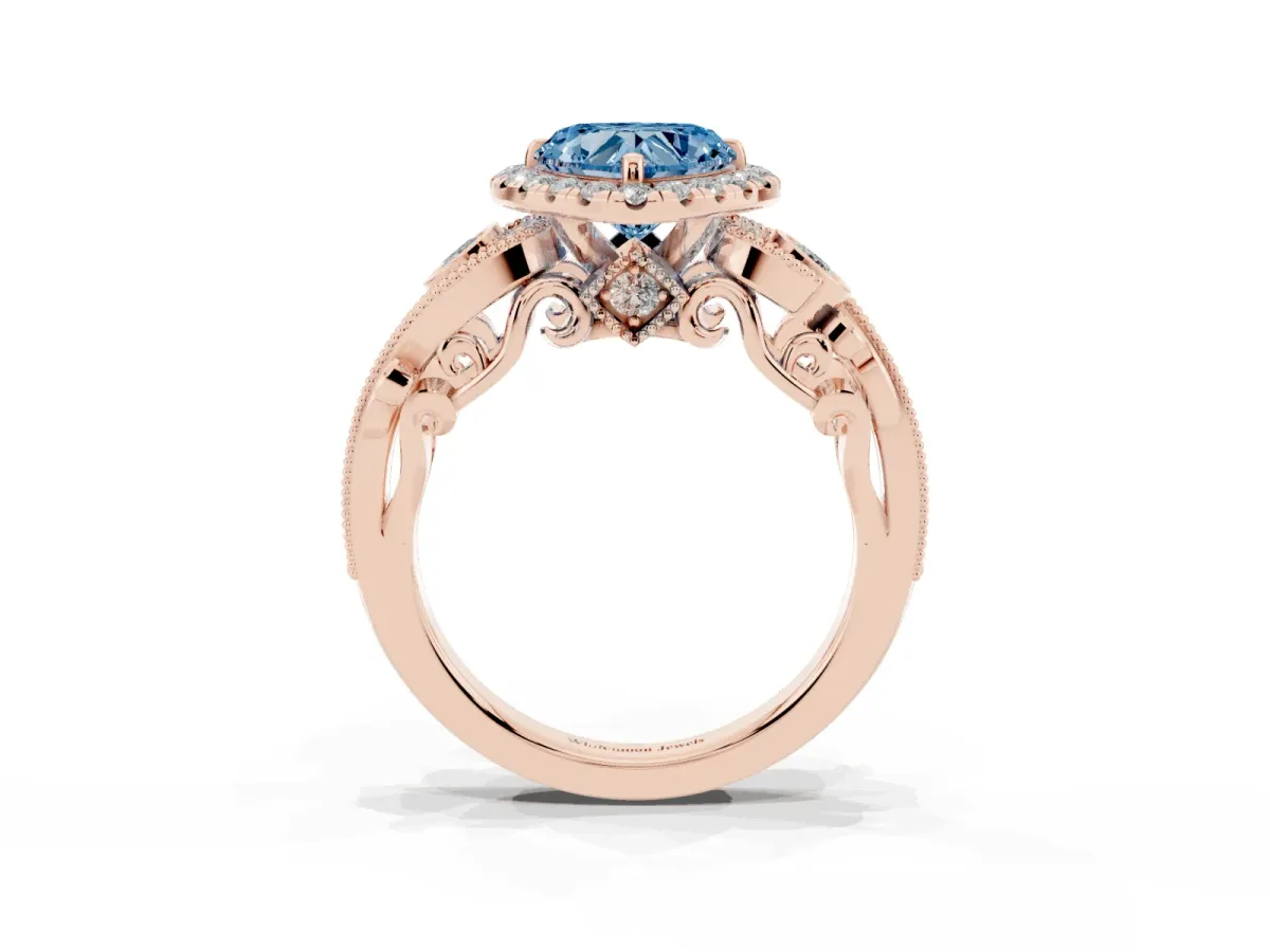 Fancy Blue Heart Cut Diamond Halo Ring with Milgrain Pavé Band and Four-Prong Setting Rose gold