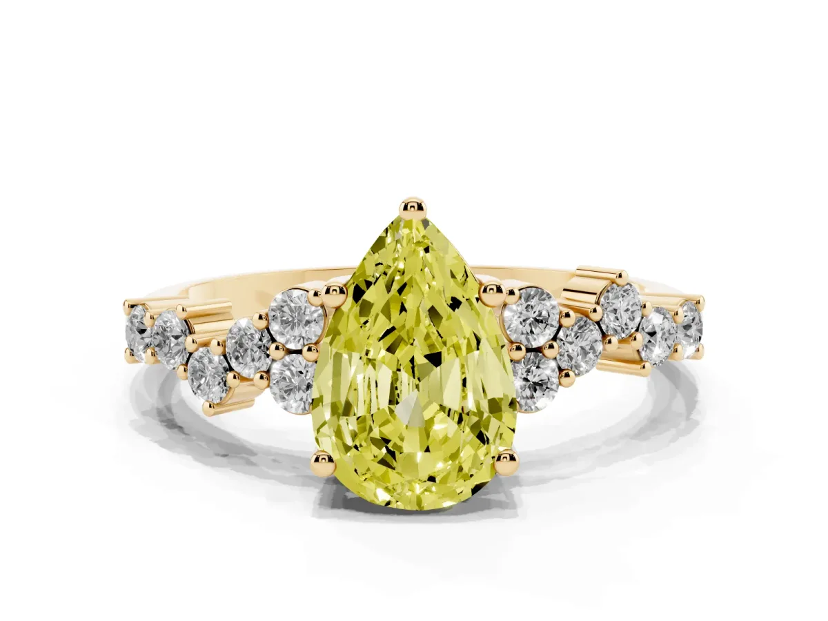Fancy Yellow Pear Cut Diamond Scattered Round Accent Ring with Prong Setting Yellow gold