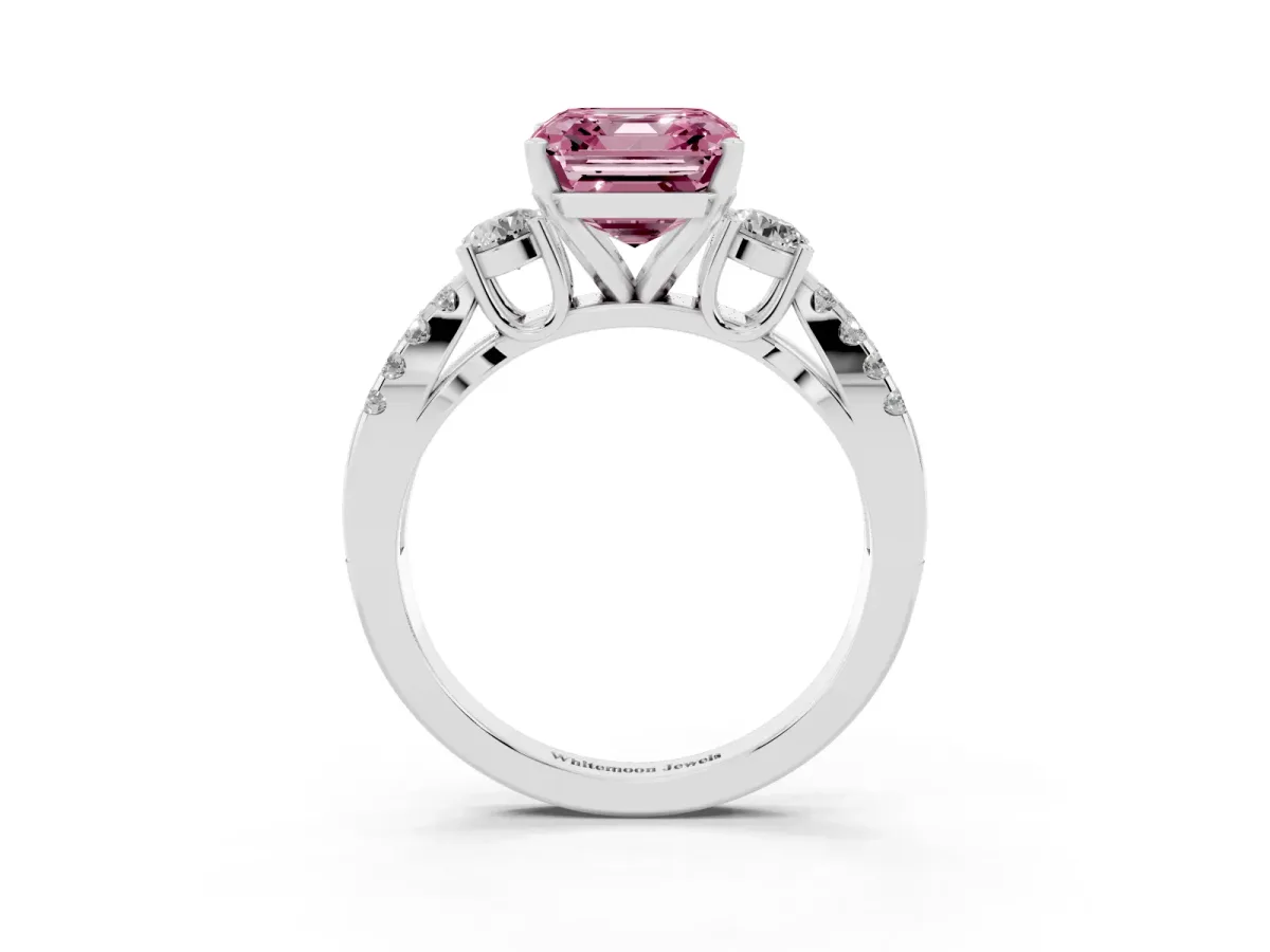 Fancy Pink Asscher Cut Diamond Three-Stone Ring with Pavé Split Shank and Four-Prong Setting Platinum