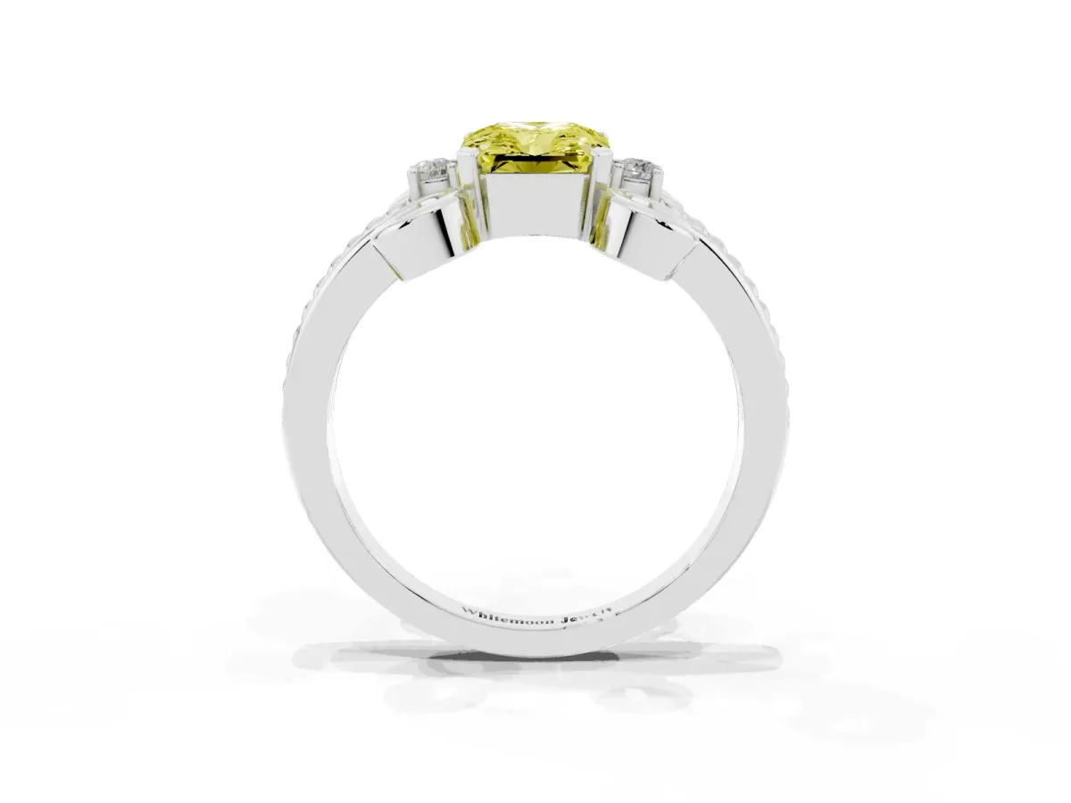 Fancy Yellow Radiant Cut Solitaire Twisted Band Scroll Prong Ring Platinum