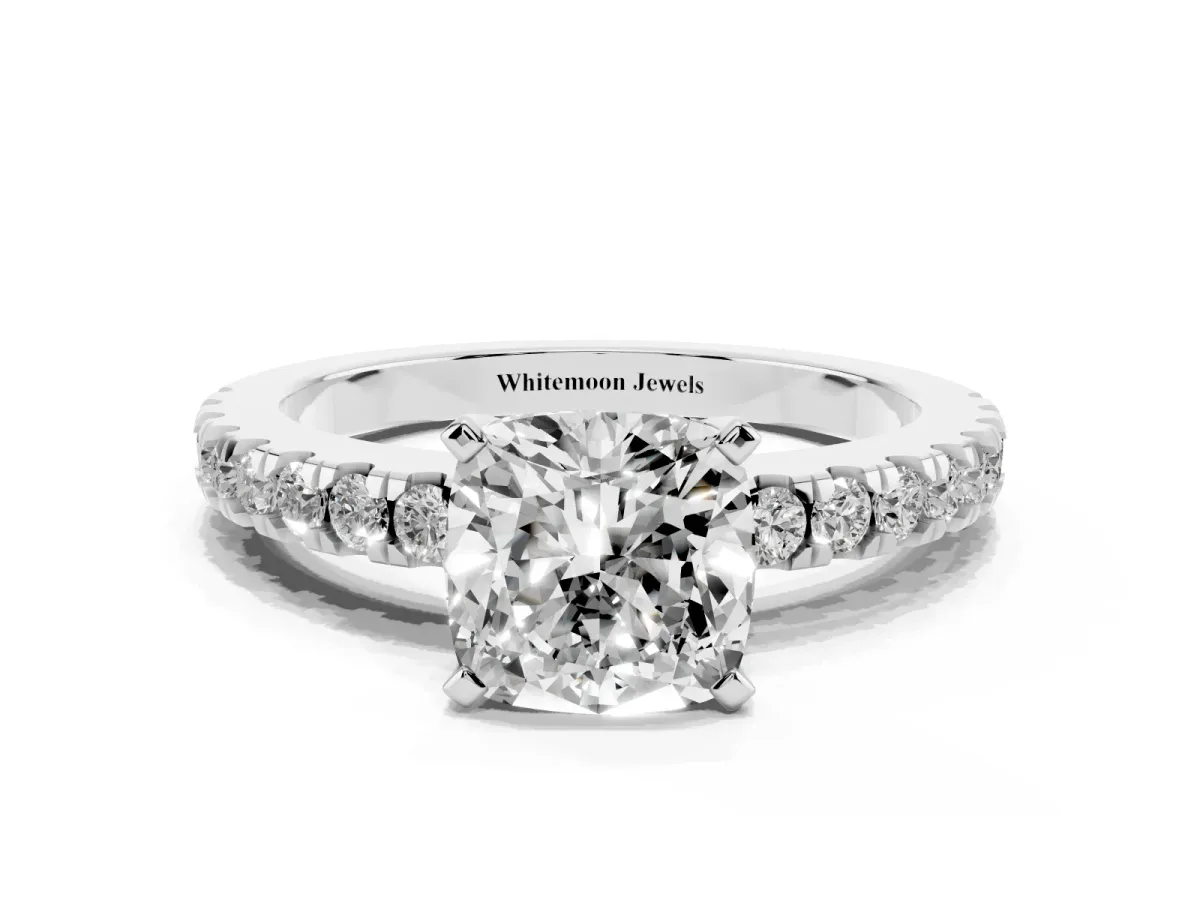 Cushion Cut Solitaire Diamond with Pavé Band and Four-Prong Setting Silver