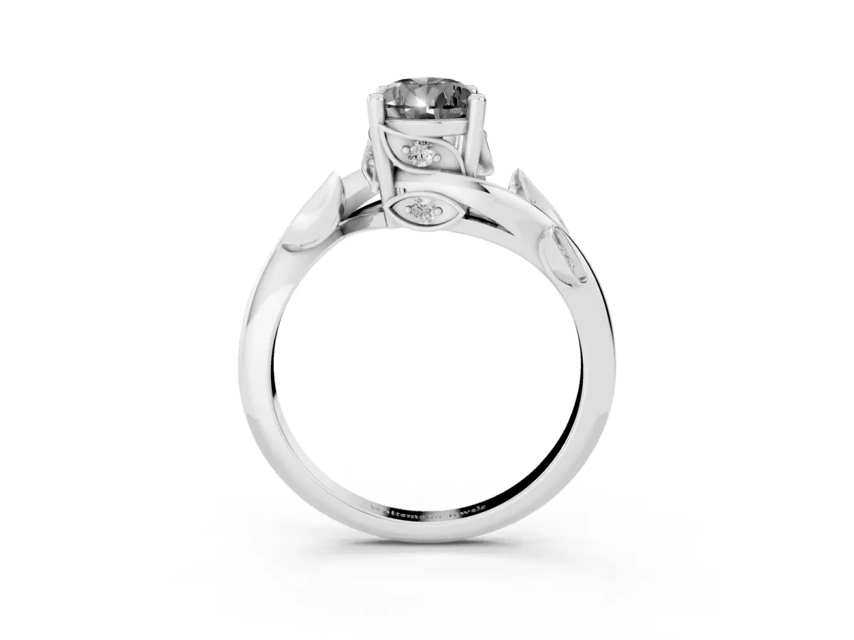 Fancy Black Pear Cut Solitaire Twist Engagement Ring with Leaf Accents and Prong Setting Silver