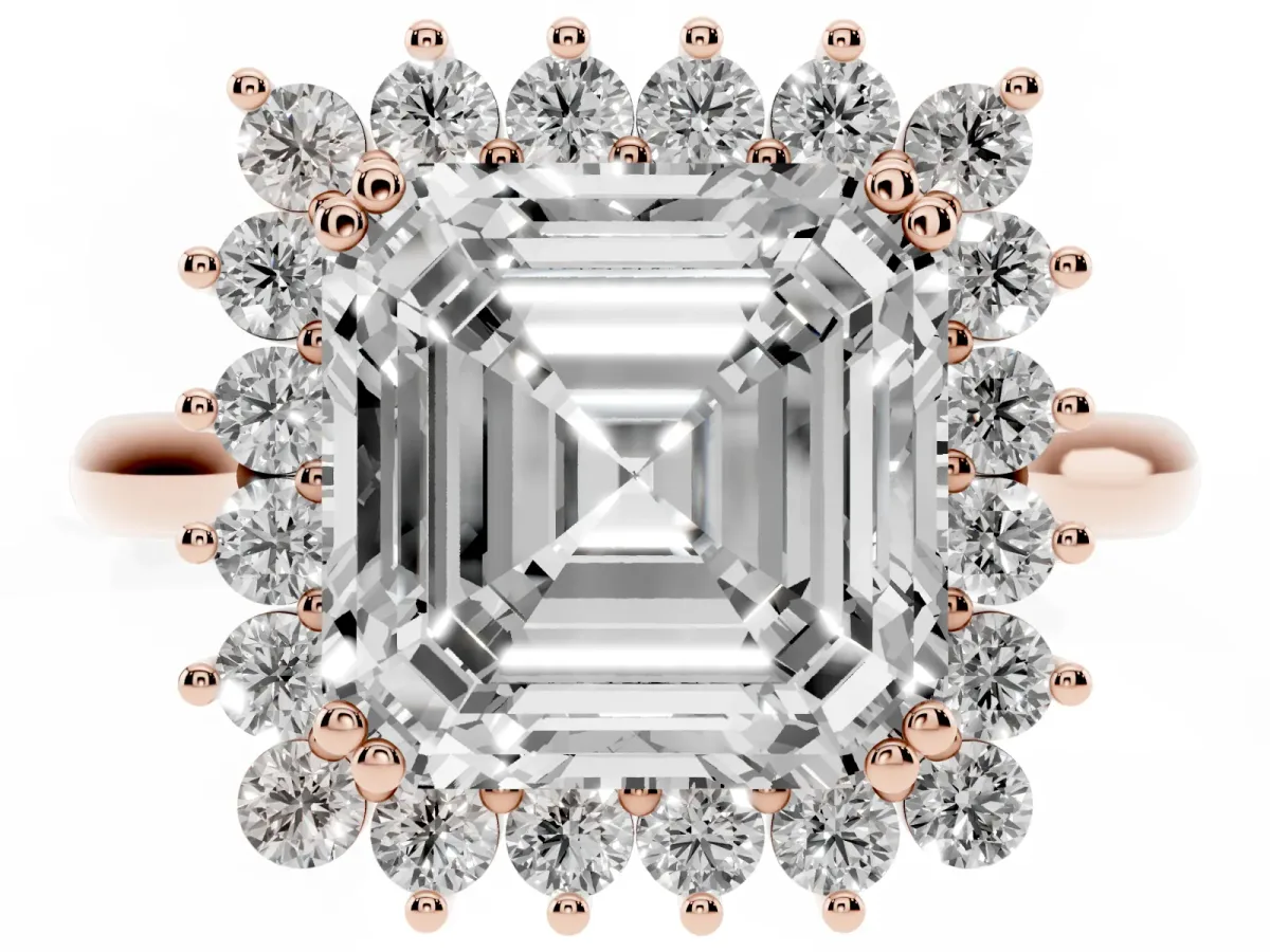 Asscher Cut Cut Diamond Halo Ring with Solitaire Band and Prong Setting Rose gold