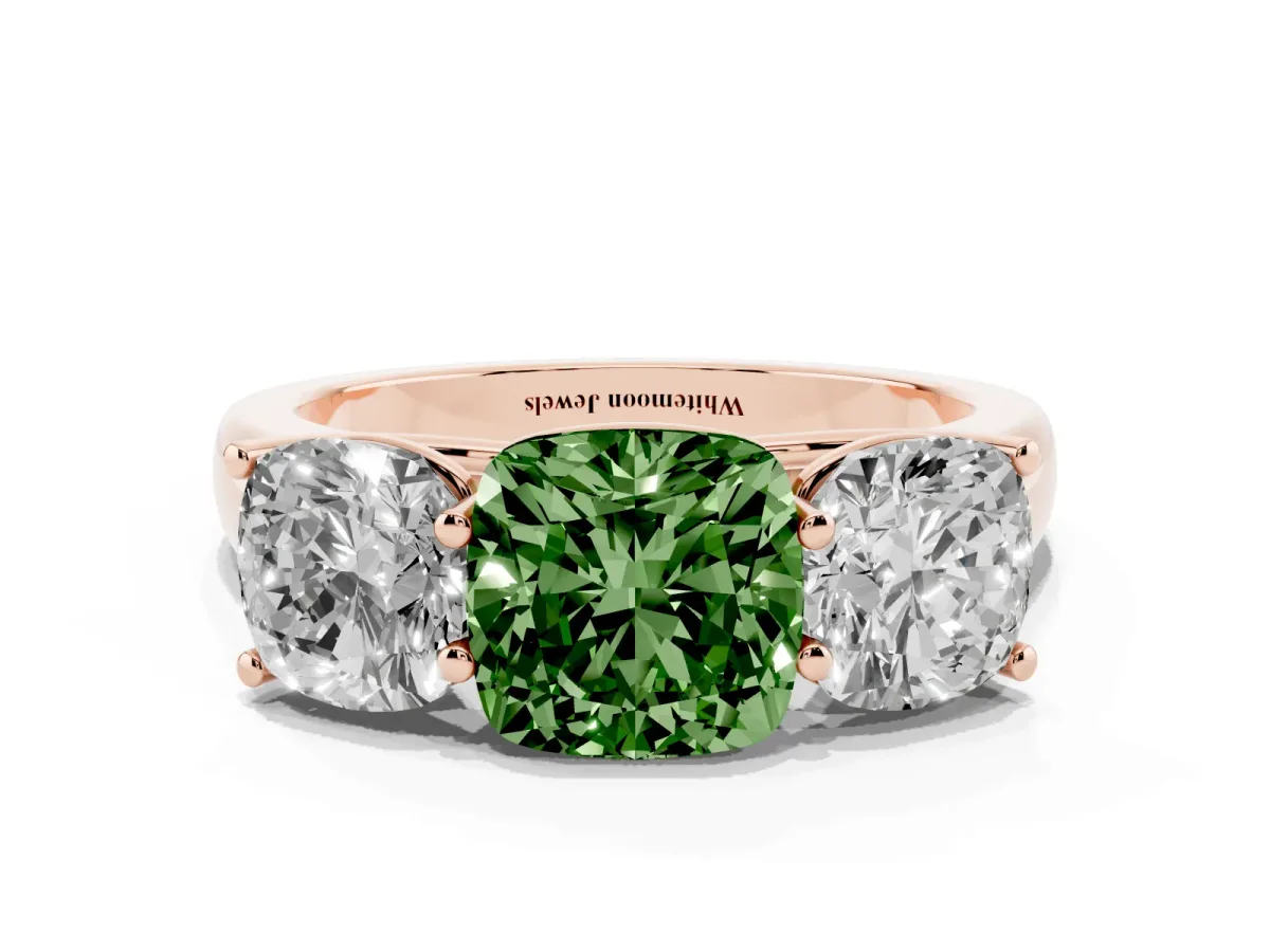 Fancy Green Cushion Cut Three-Stone Diamond Ring with Prong Setting on a Classic Band Rose gold