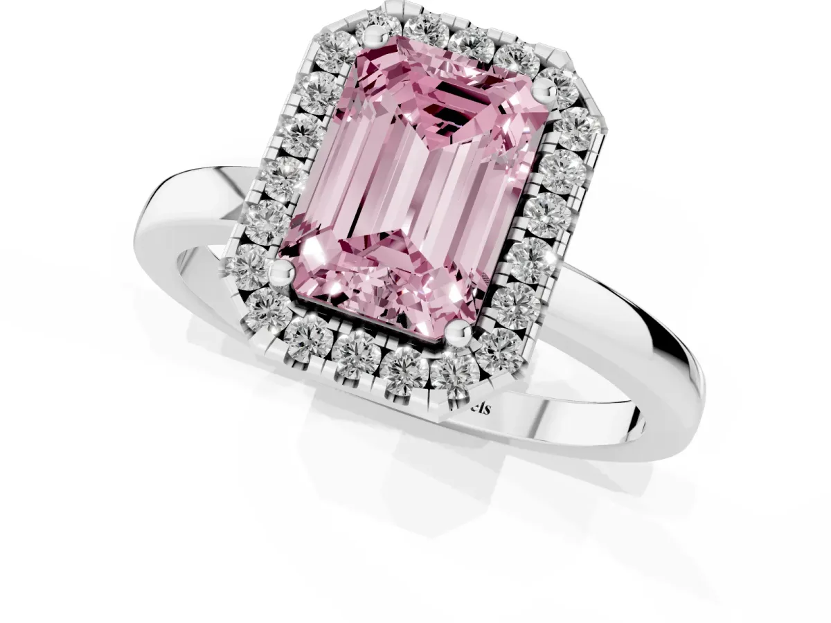 Fancy Pink Emerald Cut Halo Diamond Solitaire with Pavé Band and Four-Prong Setting Silver