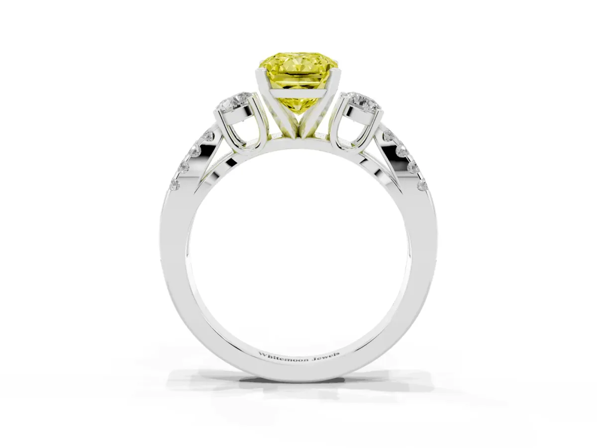 Fancy Yellow Radiant Cut Diamond Three-Stone Ring with Pavé Split Shank and Four-Prong Setting Silver