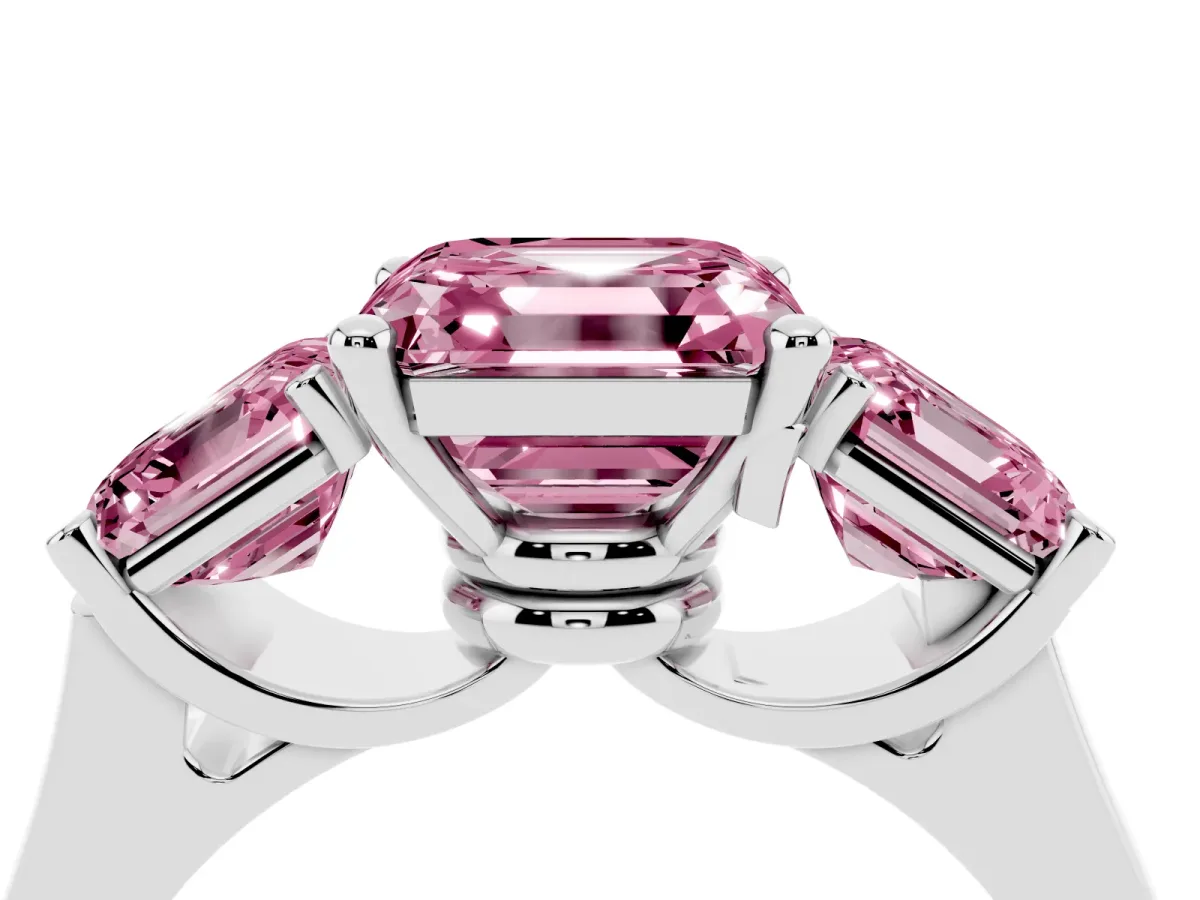 Fancy Pink Three-Stone Asscher Cut Brilliant Diamond Trellis Ring with Comfort Fit Band Silver