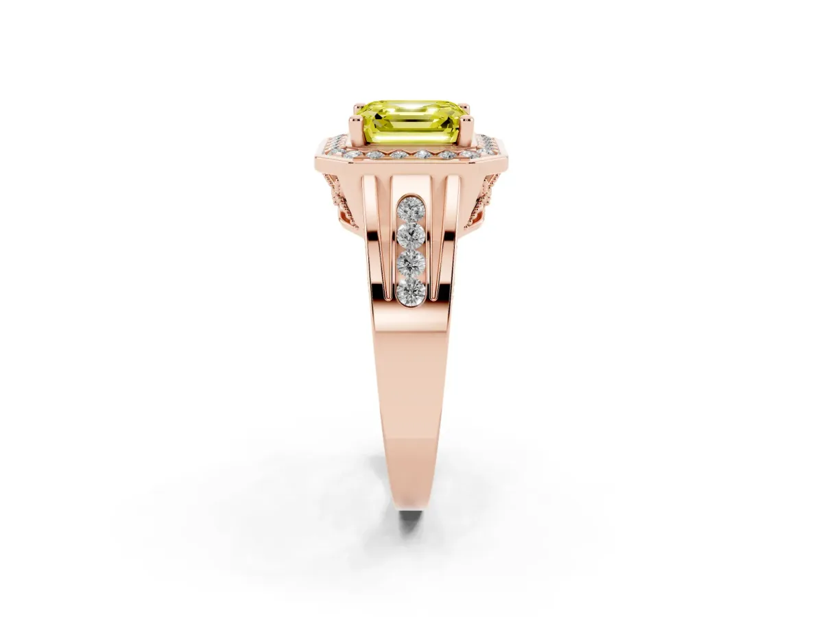 Fancy Yellow Asscher Cut Diamond Halo Ring with Split Shank and Bezel Accents and Prong Setting Rose gold