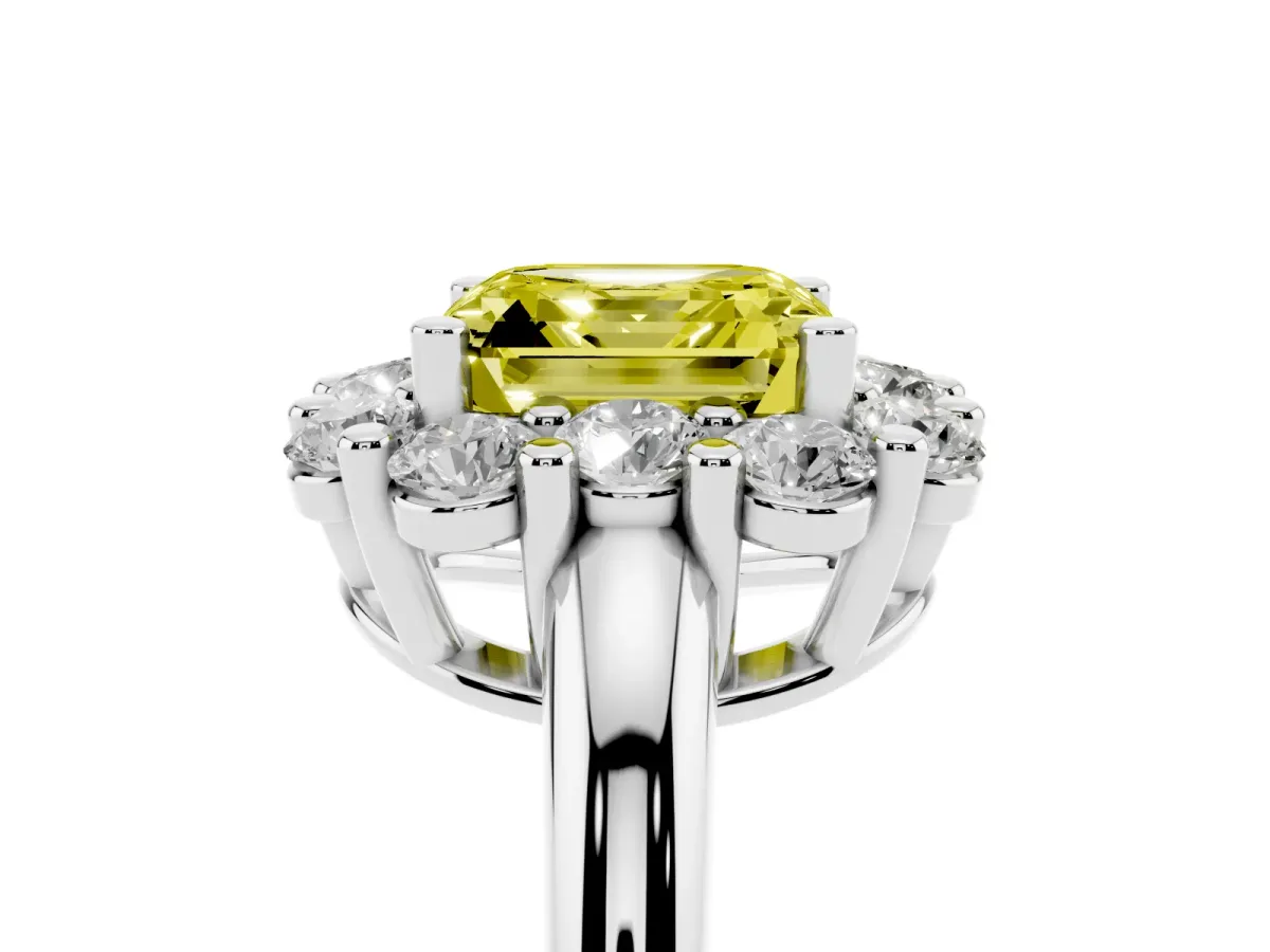 Fancy Yellow Asscher Cut Halo Cluster Diamond Engagement Ring with Prong Setting and Polished Band White gold