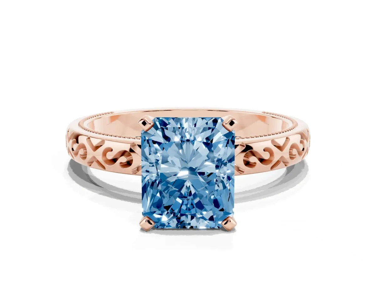Fancy Blue Radiant Cut Solitaire Engagement Ring with Scrollwork Band and Four-Prong Setting Rose gold