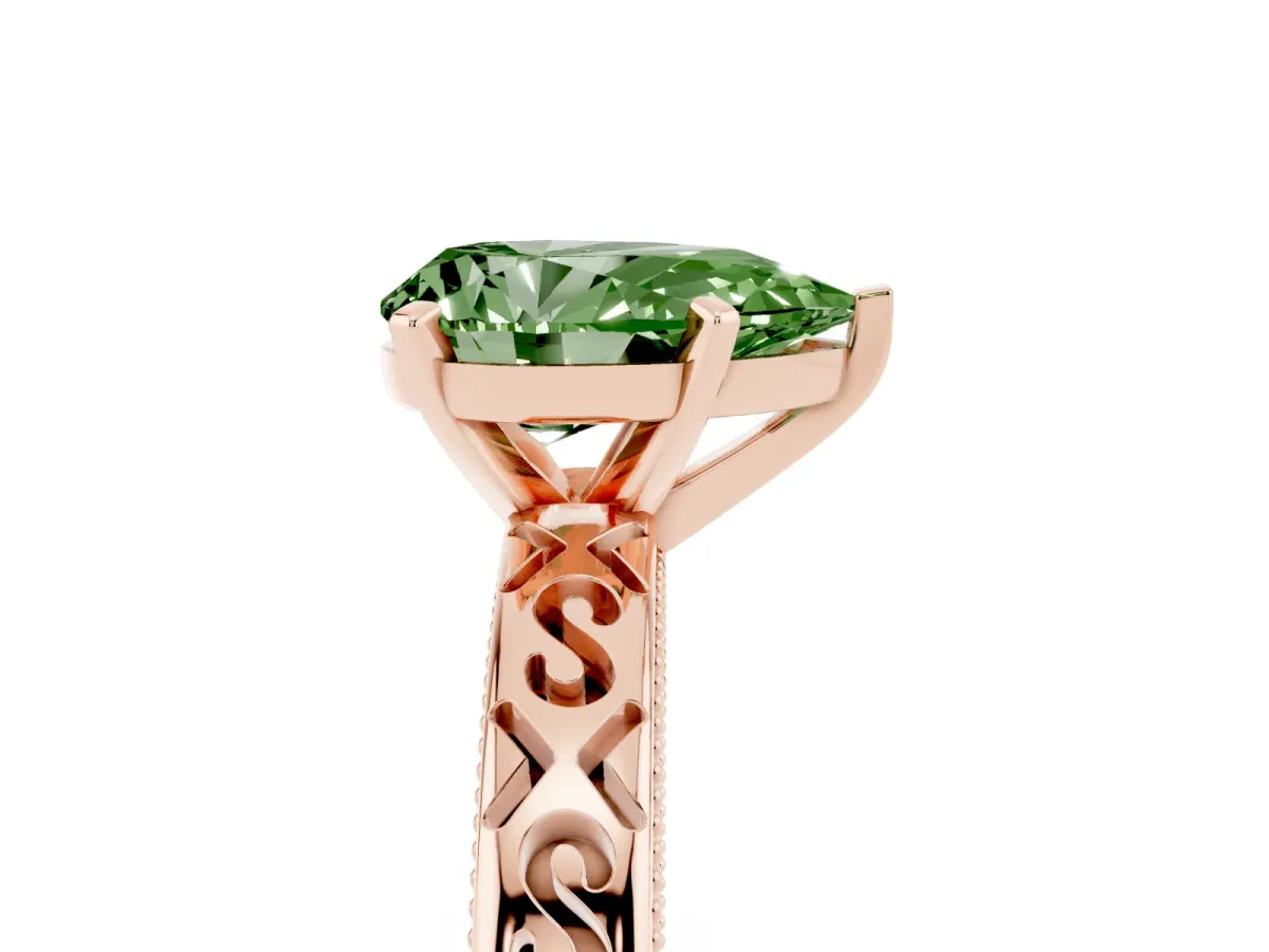 Fancy Green Pear Cut Solitaire Engagement Ring with Scrollwork Band and Four-Prong Setting Rose gold