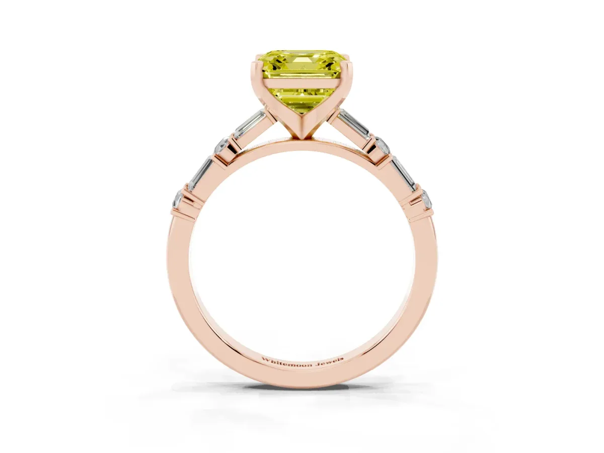 Fancy Yellow Asscher Cut Diamond Solitaire with Side Baguettes and Channel Set Band Rose gold