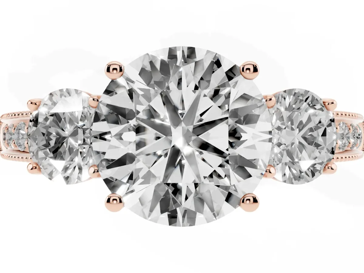 Round Cut Three-Stone Diamond Ring with Pavé Band and Four-Prong Setting Rose gold