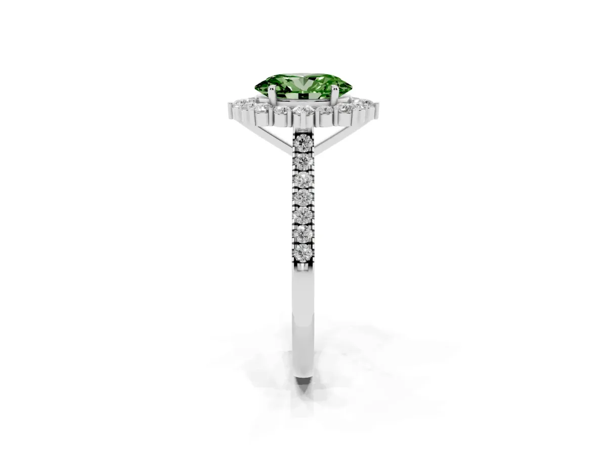 Fancy Green Oval Cut Halo Diamond Ring with Pavé Band and Prong Setting Silver